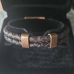 Distresed BrownBraided Leather Bracelet with Metal Copper Accents.